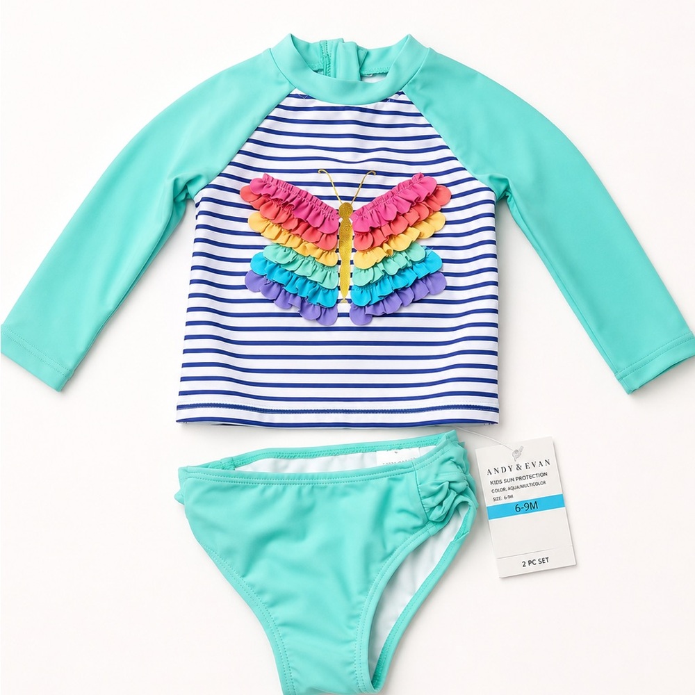 Andy & Evan Aqua & Navy Striped Rash Guard Set with Rainbow Butterfly